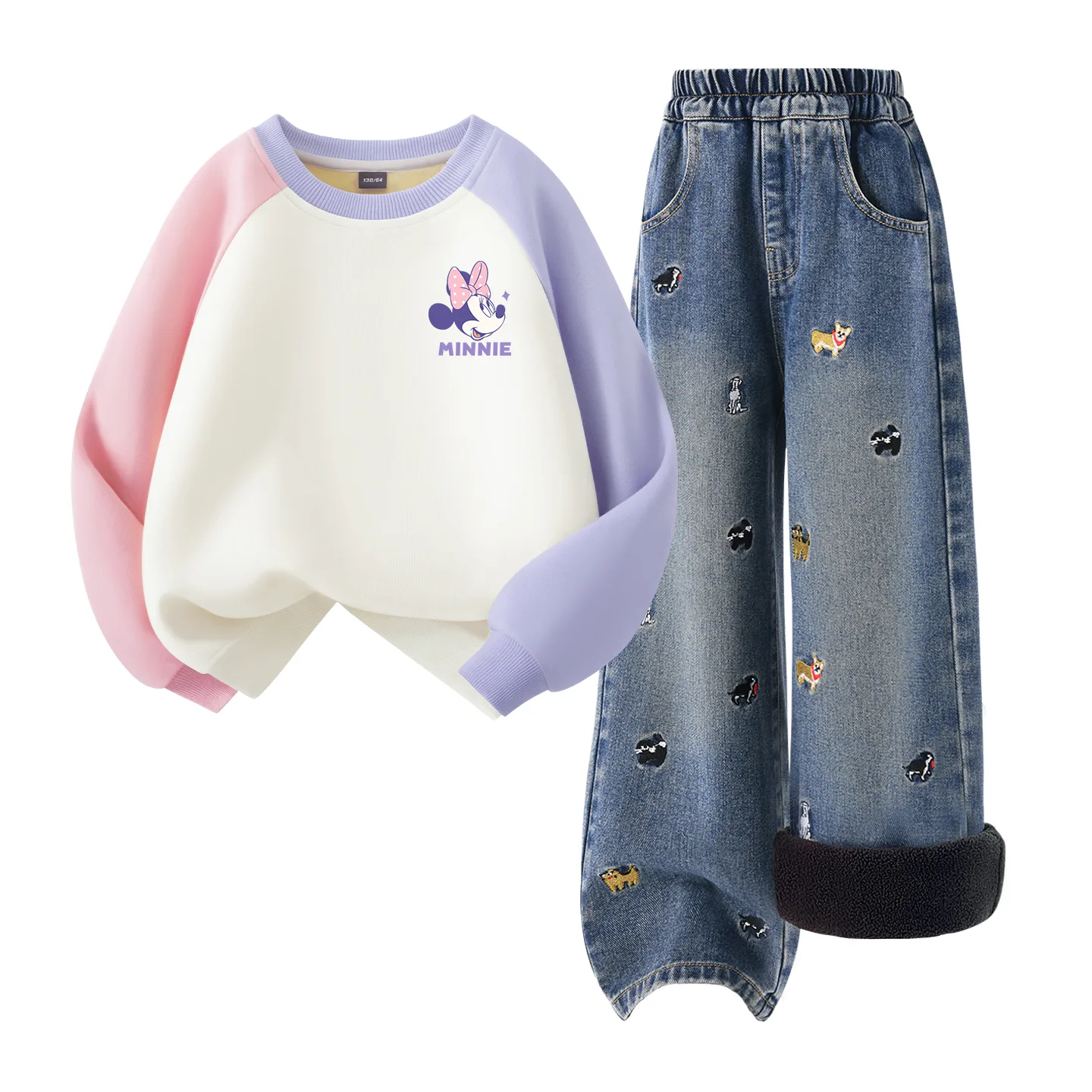 Детский спортивный костюм с воротником-стойкой на флисе Disney, [Thickened and Fleece-Lined]Dichii Pini K Pink Purple+Solid Color Denim Blue — фото 3