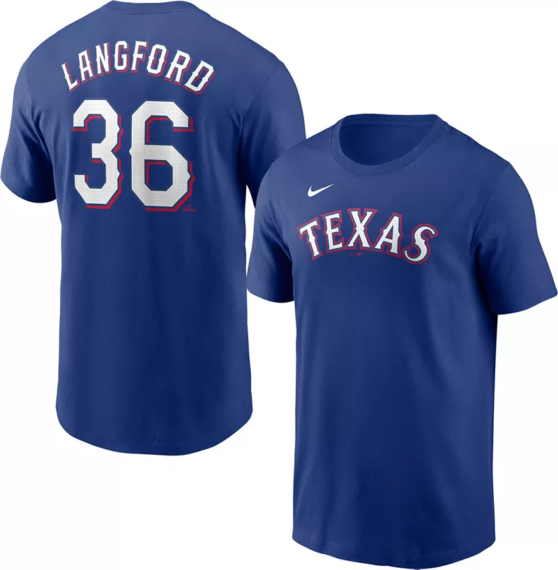 

Мужская синяя футболка Nike Texas Rangers Wyatt Langford #36