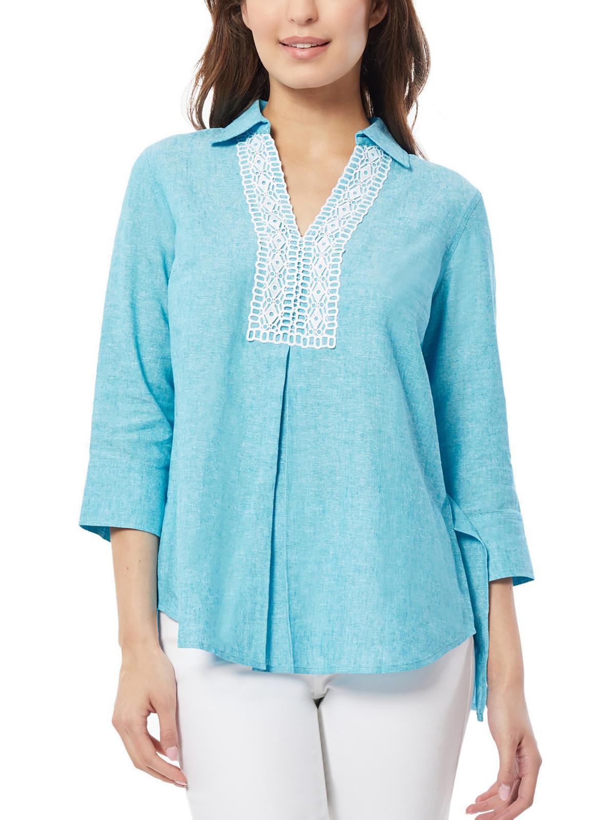 

Женская льняная блузка с кружевным воротником Jones New York, цвет blue grotto/nyc white