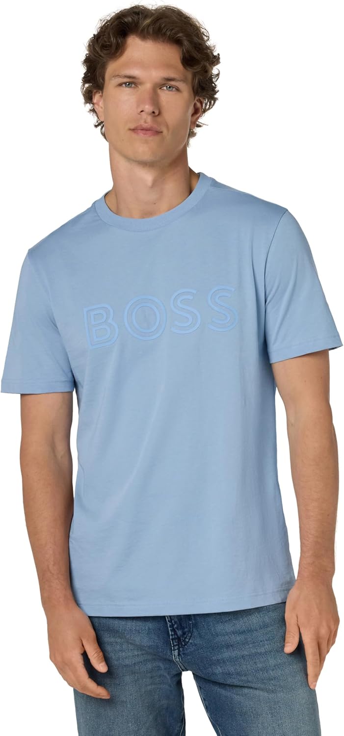 

Мужская футболка BOSS с круглым вырезом и контурным логотипом, Explorer Blue, Синий, Мужская футболка BOSS с круглым вырезом и контурным логотипом, Explorer Blue