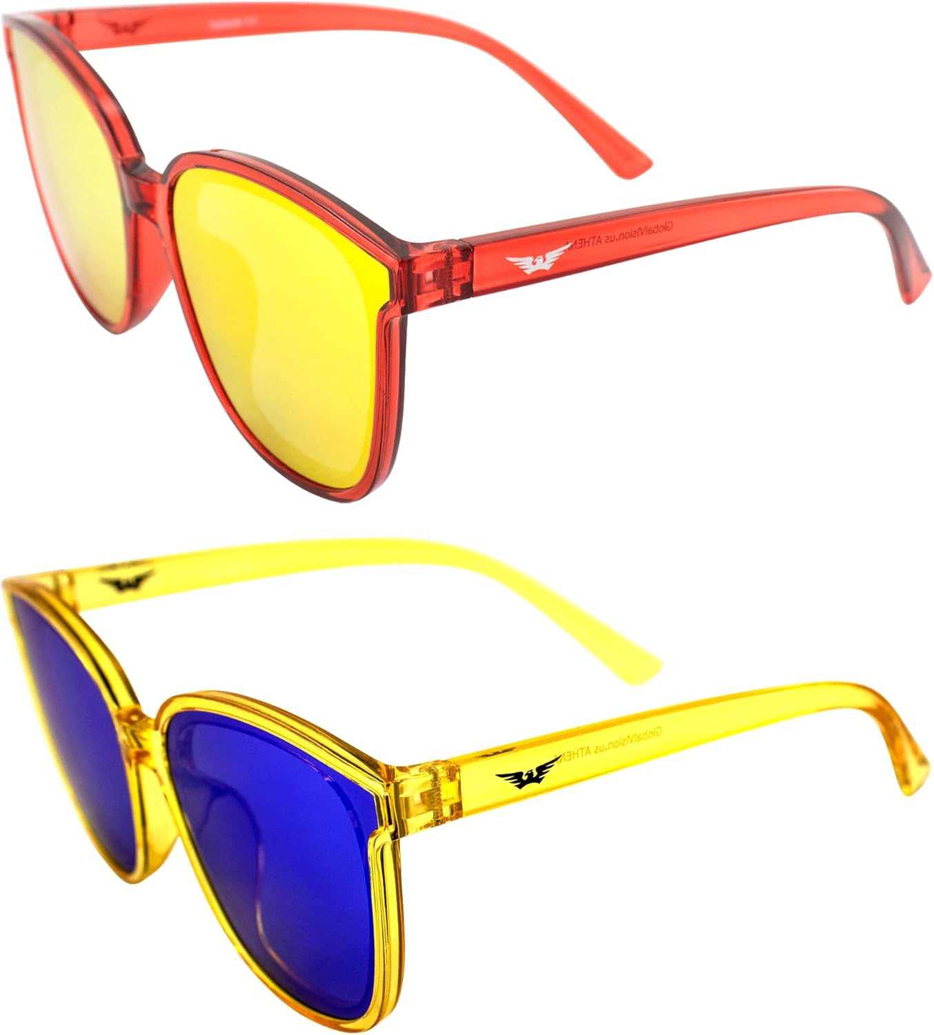 

Солнцезащитные очки Global Vision Eyewear Athena Fashion для женщин, 2 пары: оправа цвета «кристально-красный» с красными зеркальными линзами и оправа цвета «кристально-желтый» с синими зеркальными линзами, Red-red/Yellow-blue