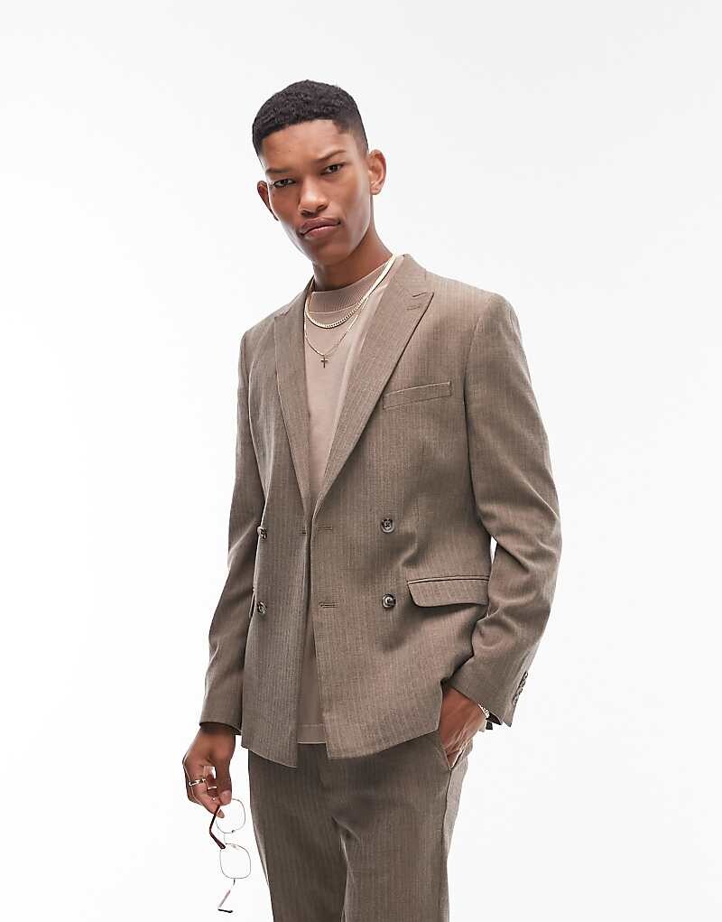 

Коричневый ультратонкий двубортный пиджак с узором "елочка" Topman