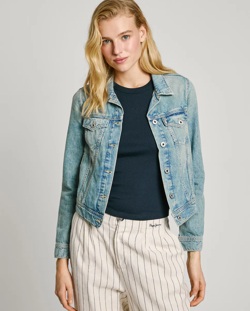 

Женская облегающая джинсовая куртка с эффектом потертости Pepe Jeans, светло-голубой