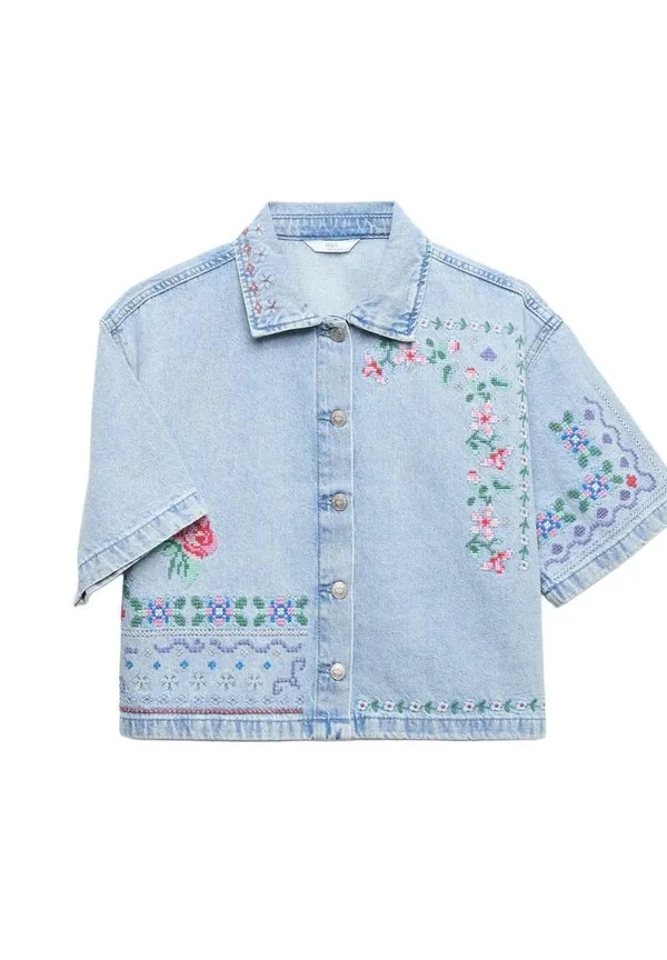 Блузка с цветочным узором и вышивкой крестиком на пуговицах Marks & Spencer, Denim — фото 3