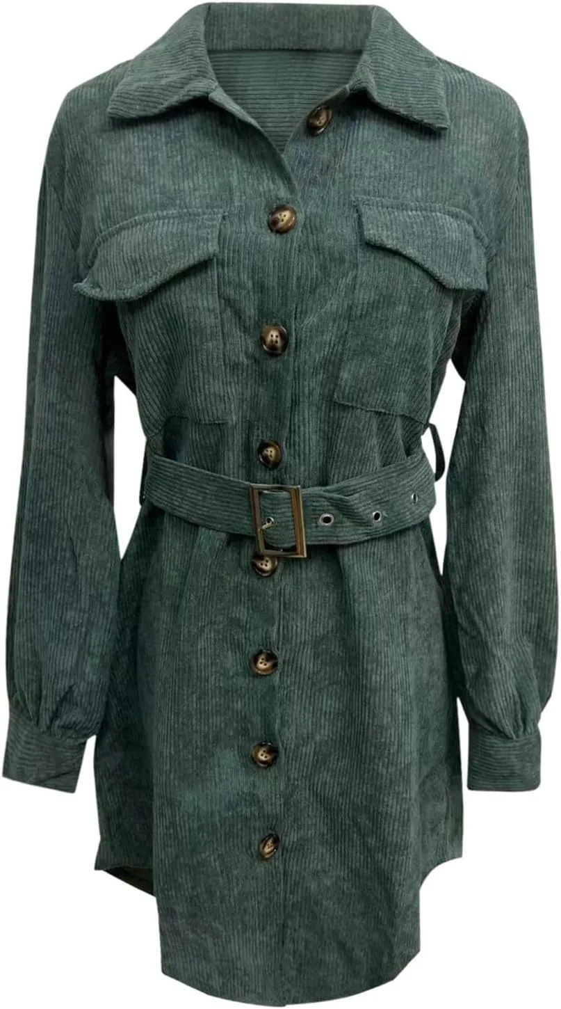 Кордюровая рубашка-платье Women Fall Fashion с длинным рукавом на пуговицах, классическое деловое повседневное платье-туника с поясом Generic, зеленый — фото 4