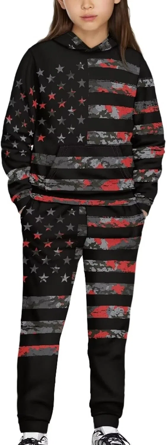 Детский спортивный костюм Graphic Long Sleeve Hoodies and Sweatpants Set, Gray American Flag Patternss