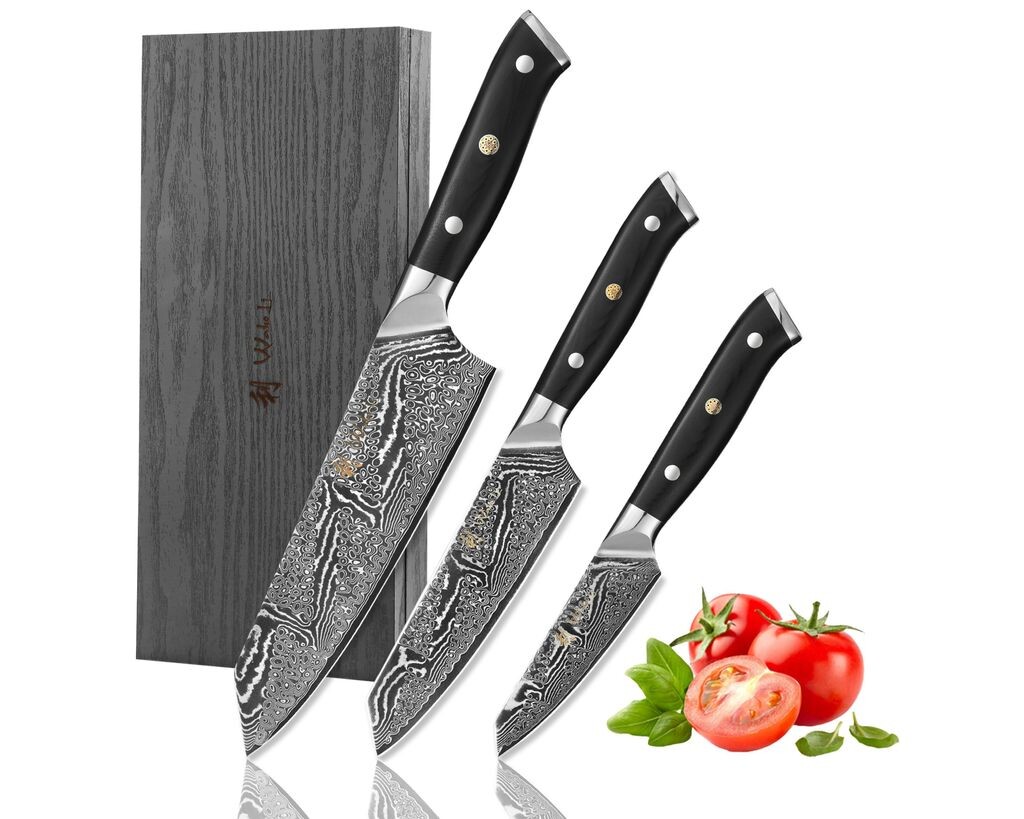 

Набор ножей Wakoli Nitoko Kiritsuke Damascus из 3 шт. - профессиональный набор кухонных ножей из дамасской стали, изготовленный из настоящей 67-слойной дамасской стали, с ручкой G10, хвостовиком во всю длину - деревянная упаковка включена