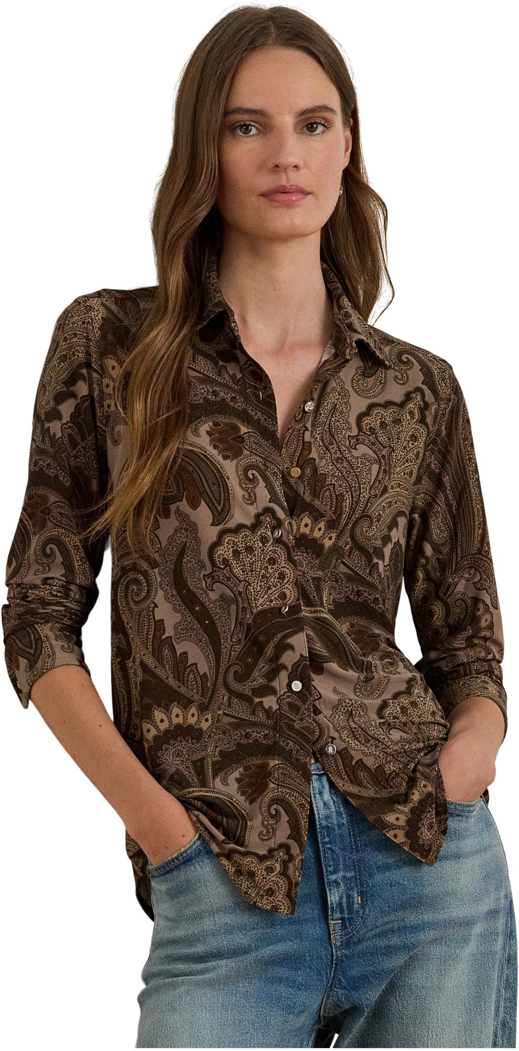 

Рубашка Lauren Ralph Lauren Slim Fit Paisley Jersey Shirt, цвет Taupe Multi
