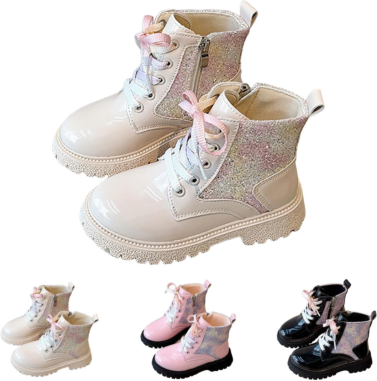 

Детские блестящие босоножки с пайетками, ботильоны на шнуровке, ботинки с боковой молнией, осенне-зимние короткие ботинки, платьевые туфли для малышей/детей младшего возраста/старших детей Generic, Cream