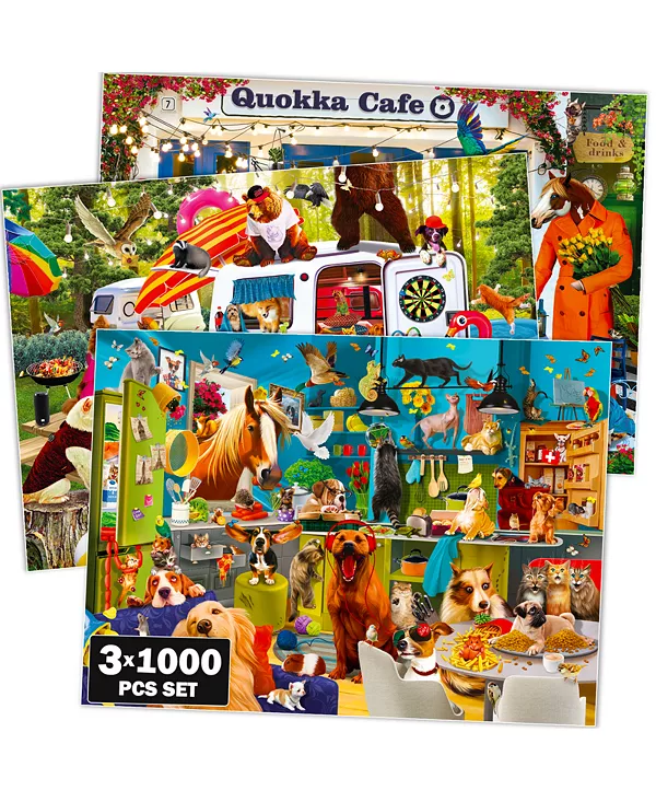 Пазлы из 1000 деталей для детей 8-12 лет и взрослых Quokka, 3 set animals