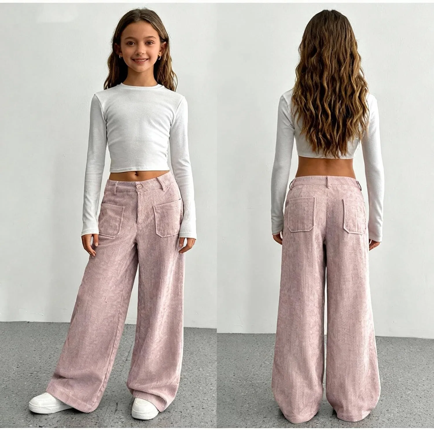 Брюки для девочек, широкие, с высокой талией, хлопковые, Light Pink — фото 3
