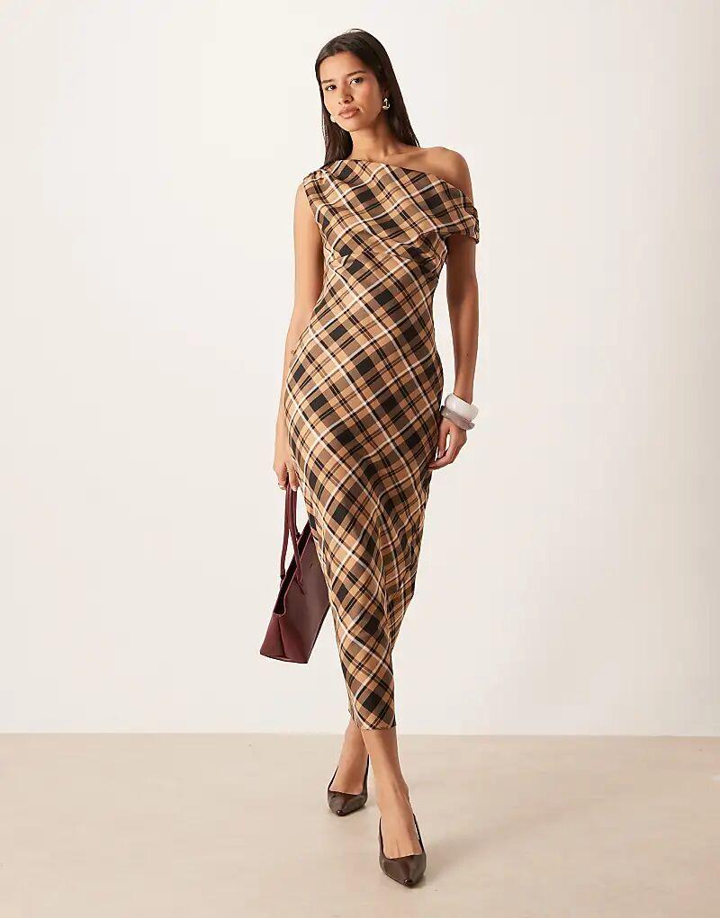 

Платье-футляр миди ASOS DESIGN с открытыми плечами в коричневую клетку