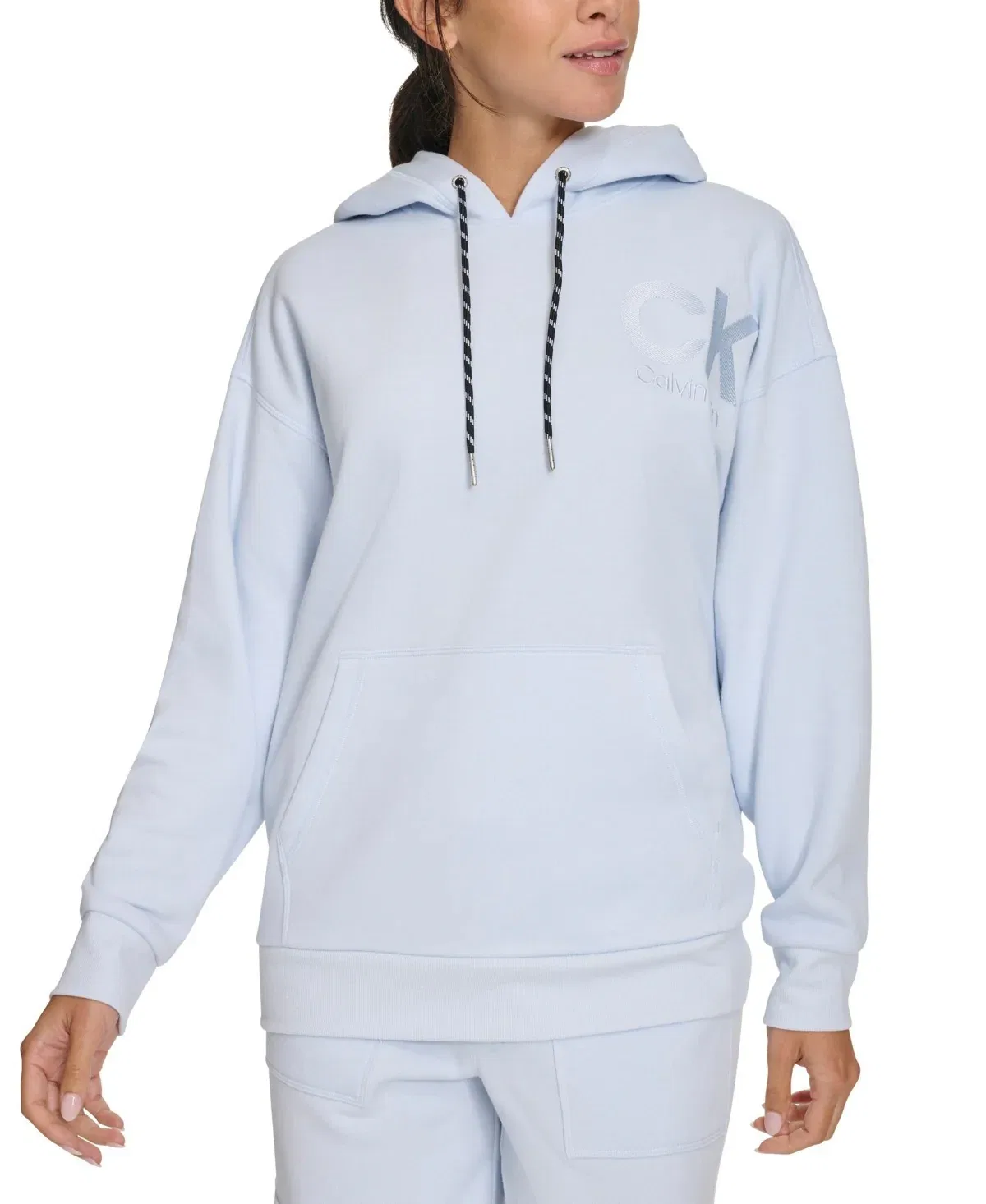 Женская толстовка Calvin Klein Eco Hoodie Spray Fleece с карманом-кенгуру, модель FTS345, синий — фото 2