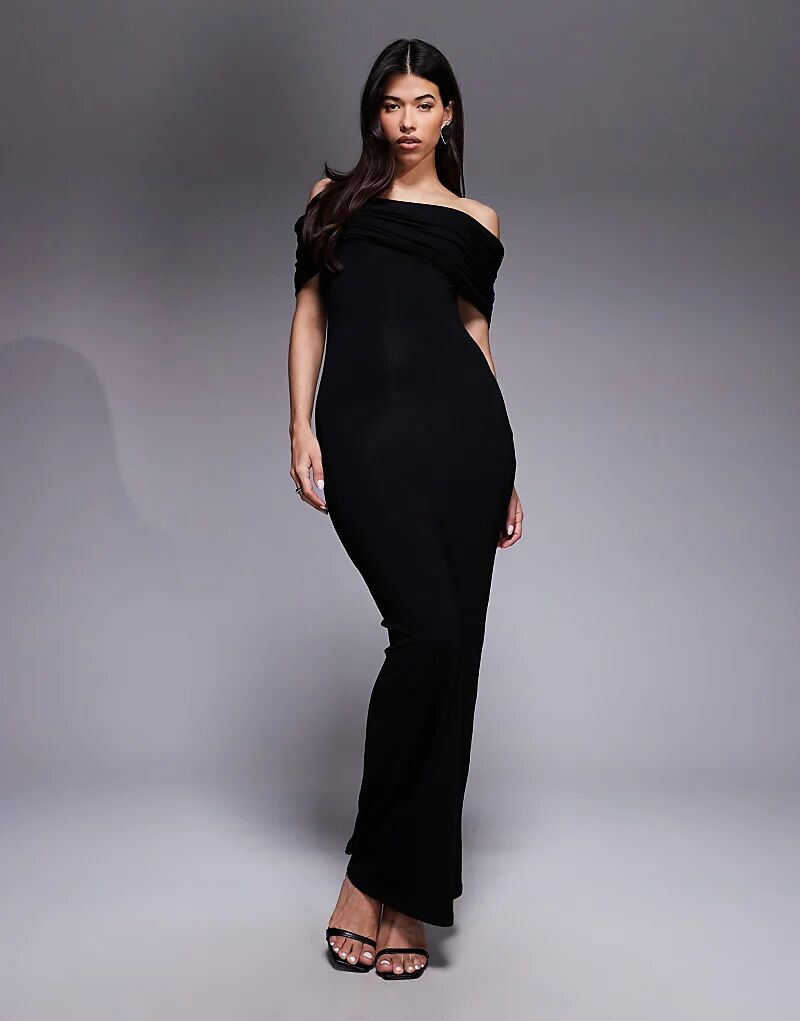 

Платье миди с глубокими сборками и вырезом лодочкой ASOS DESIGN черного цвета