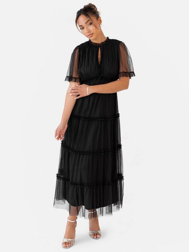 

Платье миди с флаттер-рукавами и вырезом-ключкой из тюля Anaya With Love, Black