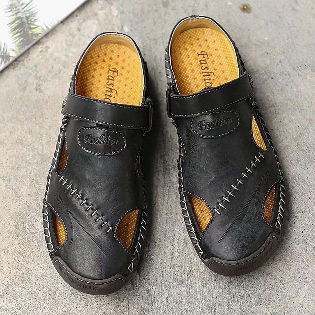 NANXINLOVE Мужские повседневные кожаные сандалии Летние пляжные тапочки Мужская удобная обувь для улицы Модные легкие сандалии для трекинга и воды Регулируемые (двойной способ) Nanxin&Love, черный — фото 2