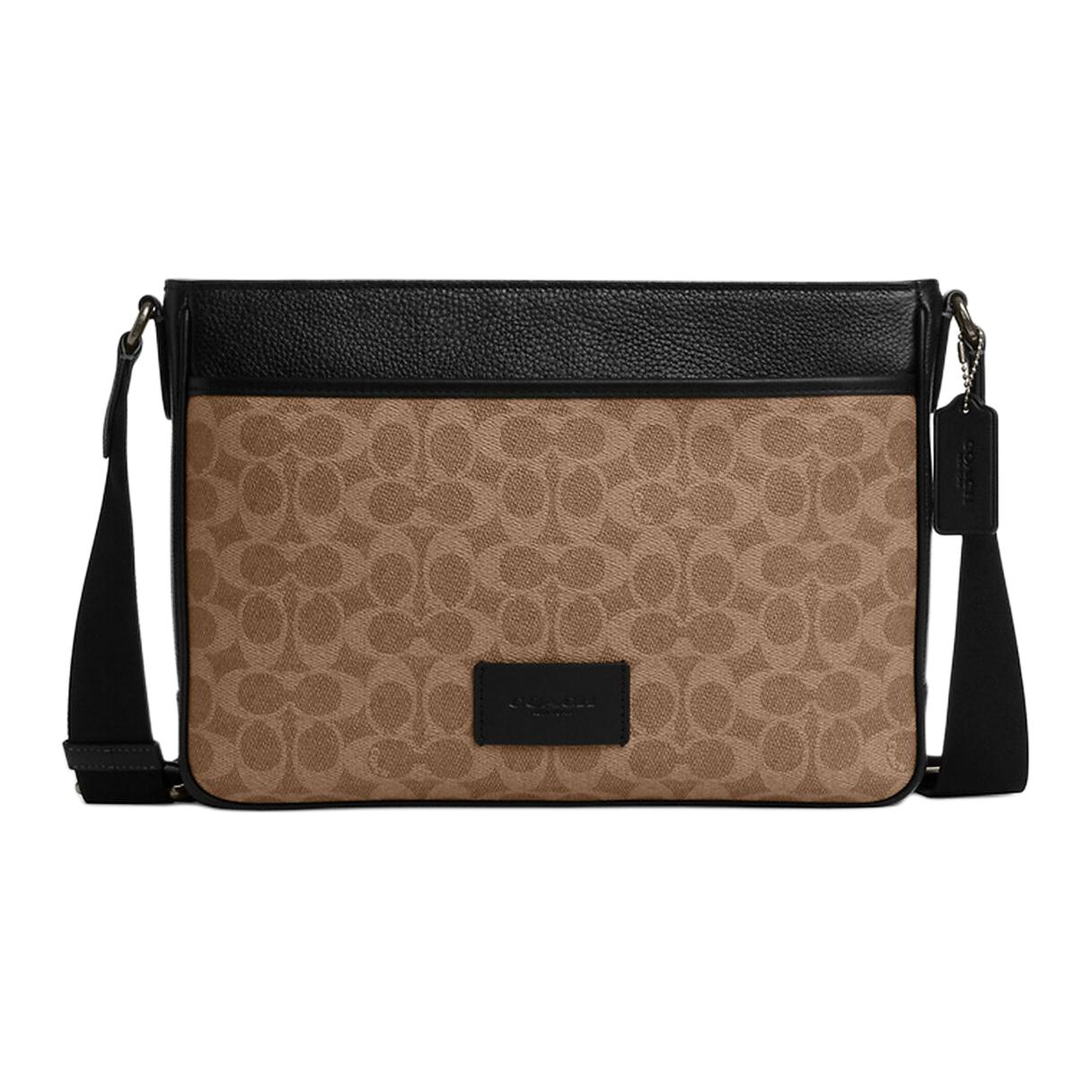 

COACH Кожаная наплечная сумка через плечо большая мужская бежево-черная