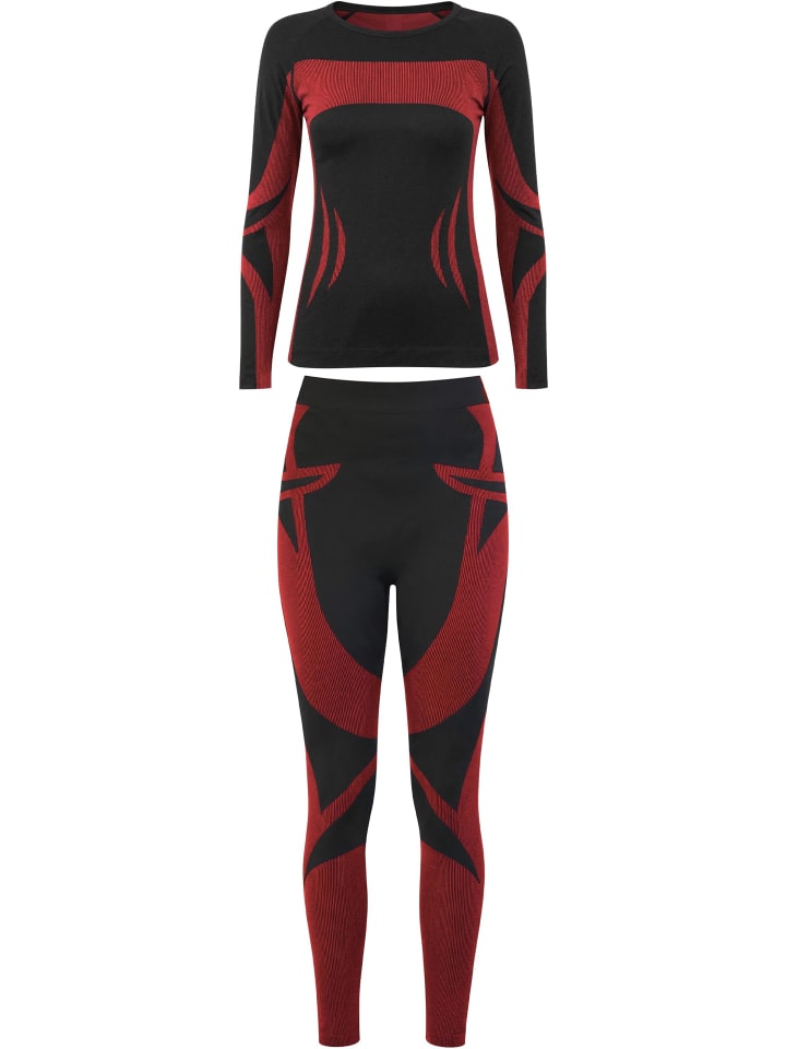 

Женский функциональный спортивный комплект нижнего белья: рубашка и брюки черного/красного цвета. normani