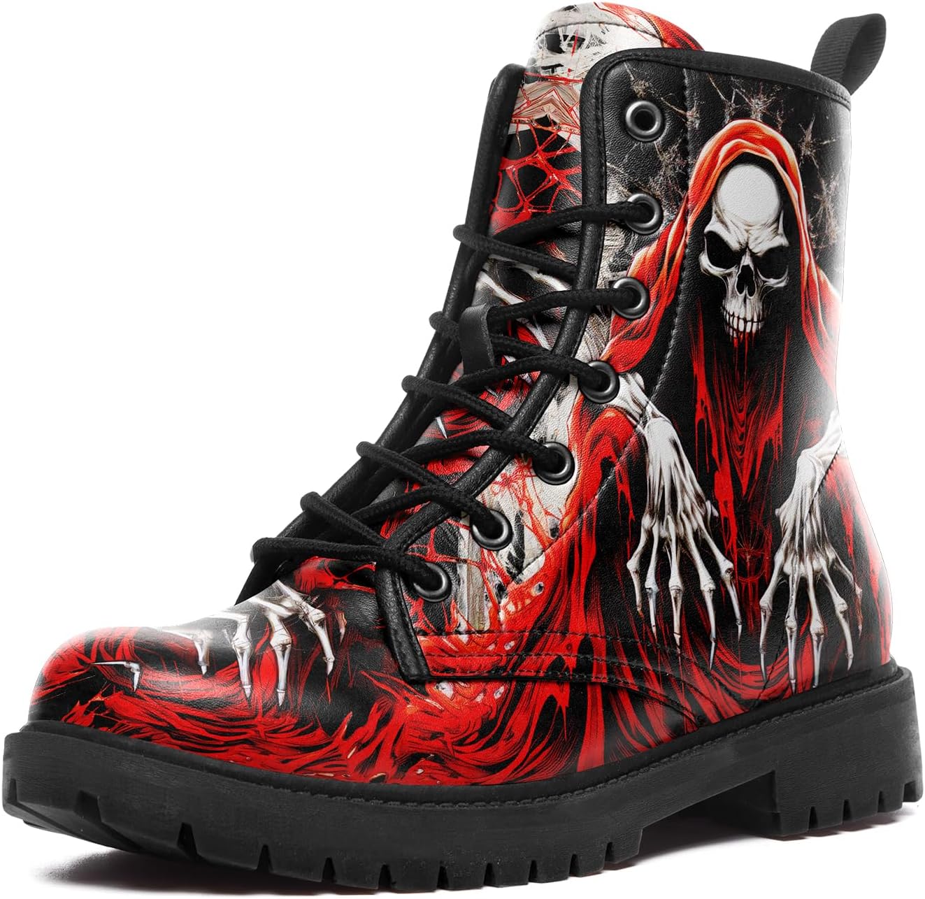 

Ботинки с черепами для мужчин, модные ботинки на шнуровке, армейские ботинки для женщин, панк-рок кожаные ботильоны, ведьминские готические туфли Coolcustomize, красный
