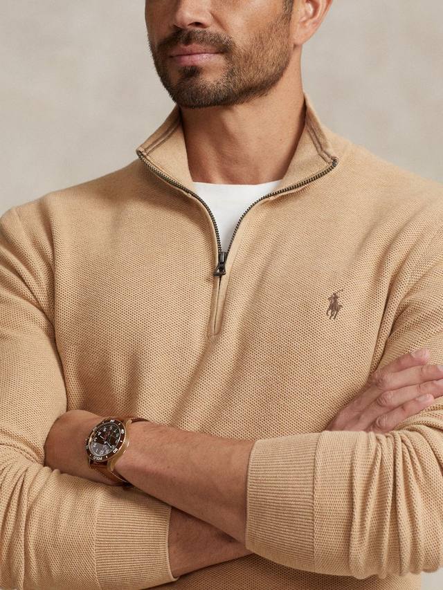 Поло Big & Tall хлопковый полузастёгивающийся трикотажный джемпер Ralph Lauren, Camel Melange — фото 3