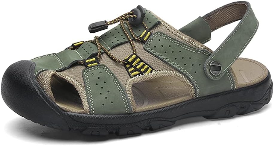 

Мужские регулируемые сандалии Veslexth с закрытым носком, кожаные, ручной работы, модель «рыбак», противоскользящие, повседневные, модные водонепроницаемые и дышащие тапочки для прогулок, треккинга, вождения и путешествий, зеленый