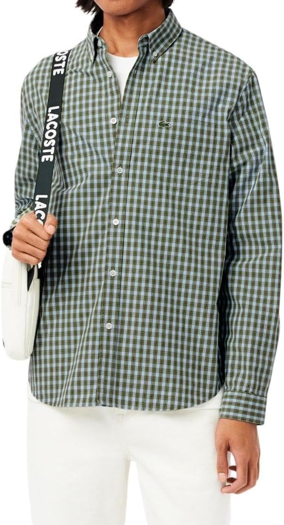 

Lacoste мужская длинная рубашка в клетку Gingham на пуговицах, Khaki Cotton