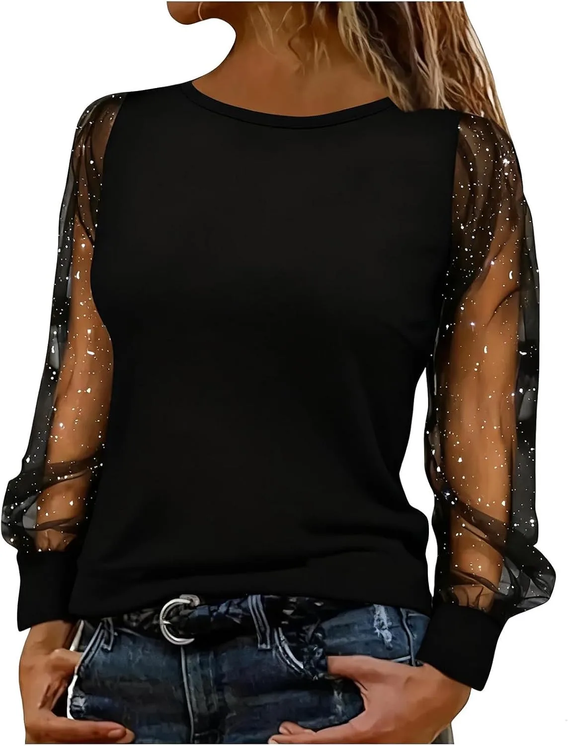 

Женская блузка с блестками и сетчатыми рукавами для вечеринки