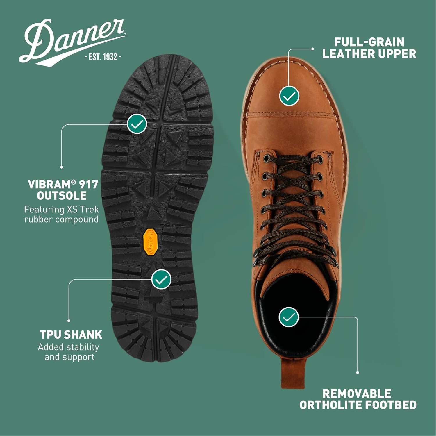 Мужские водонепроницаемые походные ботинки Danner Logger 917 6 - из кожи полного зерна с дышащей мембраной Gore-Tex, подошвой Vibram SPE и протектором 917 Traction, 9 Cap Toe Sierra — фото 4