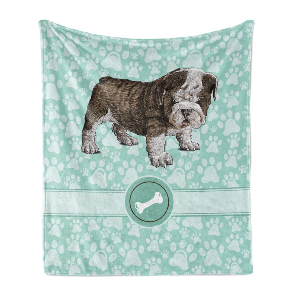 

ABAKUHAUS Dog Lovers Мягкое фланелевое флисовое одеяло, детально нарисованное вручную домашнее животное с фоном и костями с принтом лапы, 175 x 230 см, Голубо-коричневый