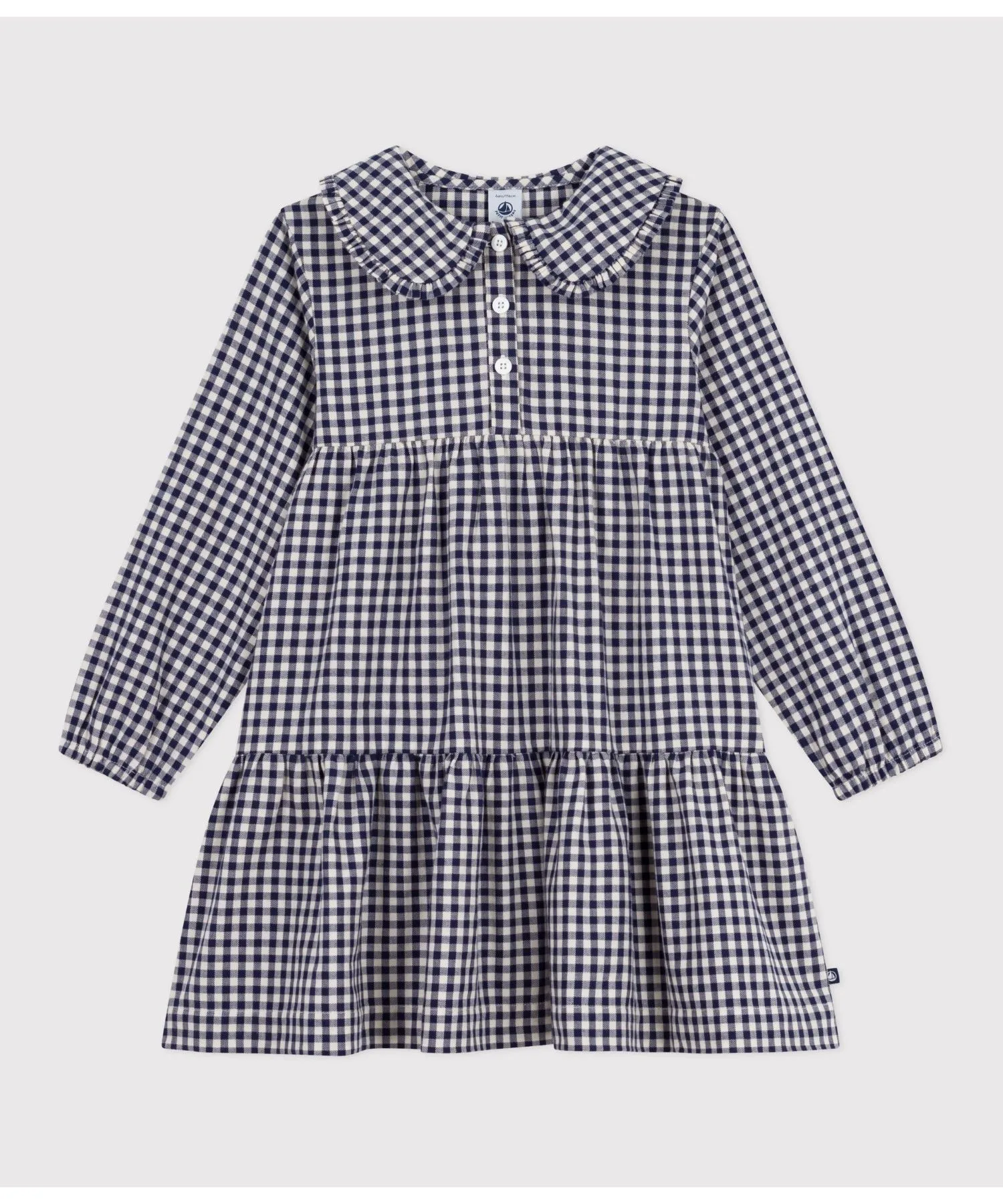 Детское платье клетчатое с длинным рукавом PETIT BATEAU бело-голубое