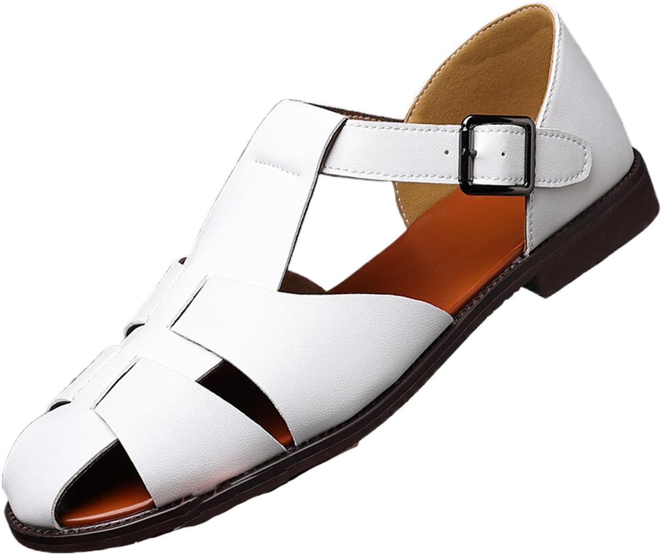 

Мужские кожаные босоножки с открытой подошвой и пряжкой, удобные с круглым носком, дышащие, с низким каблуком, противоскользящие римские сандалии для отдыха, работы и вождения Fifilapin, белый