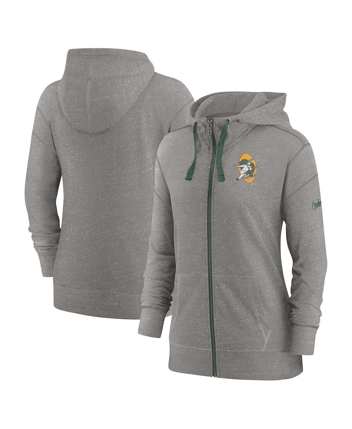 

Женская худи с молнией во всю длину в винтажном стиле Green Bay Packers для тренажерного зала, темно-серый оттенок Heather Nike