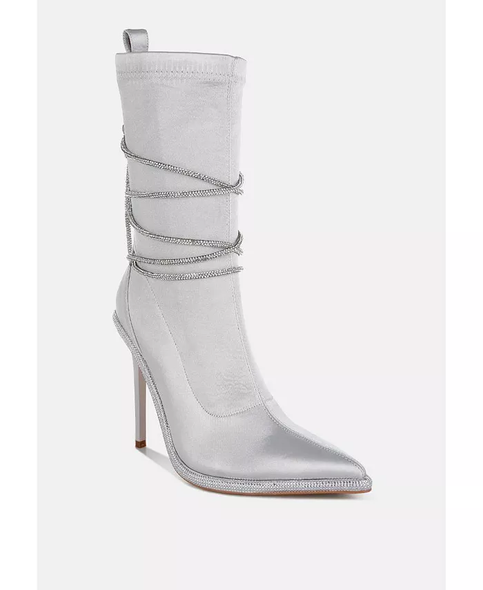 Сапоги Dacia Rhinestones Strap из сатина на икроножной части со стразами и ремешками London Rag, серебряный — фото 2