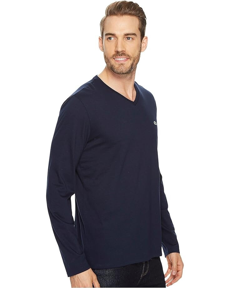Футболка Lacoste Long Sleeve Pima Jersey V-Neck, цвет Navy Blue — фото 4