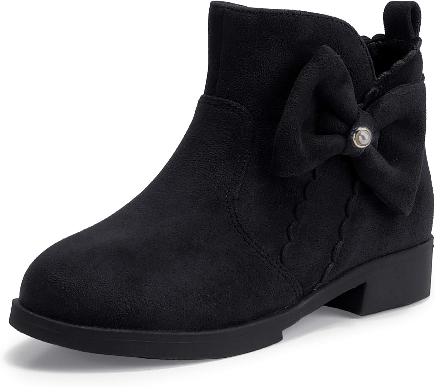 

Детские/маленькие девочковые модные короткие ботильоны PANDANINJIA Clara с жемчугом и бантом на платье, с застежкой-молнией, Black Suede