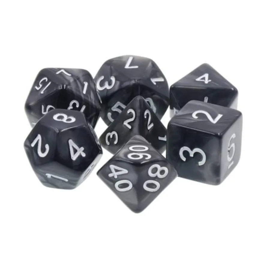 

Набор Poly — черный жемчуг с серебром и белым (7), Dice Sets - Resin/Acrylic - Black, Grey, White, & Metallics (Foam Brain Games)
