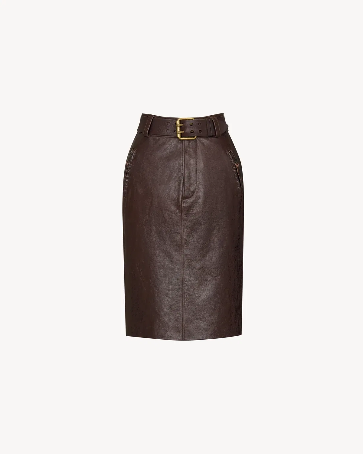 Юбка-карандаш с поясом из мятой кожи SAINT LAURENT, коричневый