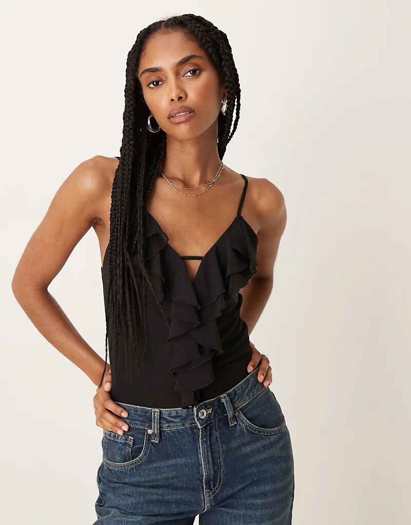 

Топ на бретельках с сетчатым лифом и оборками ASOS DESIGN черного цвета