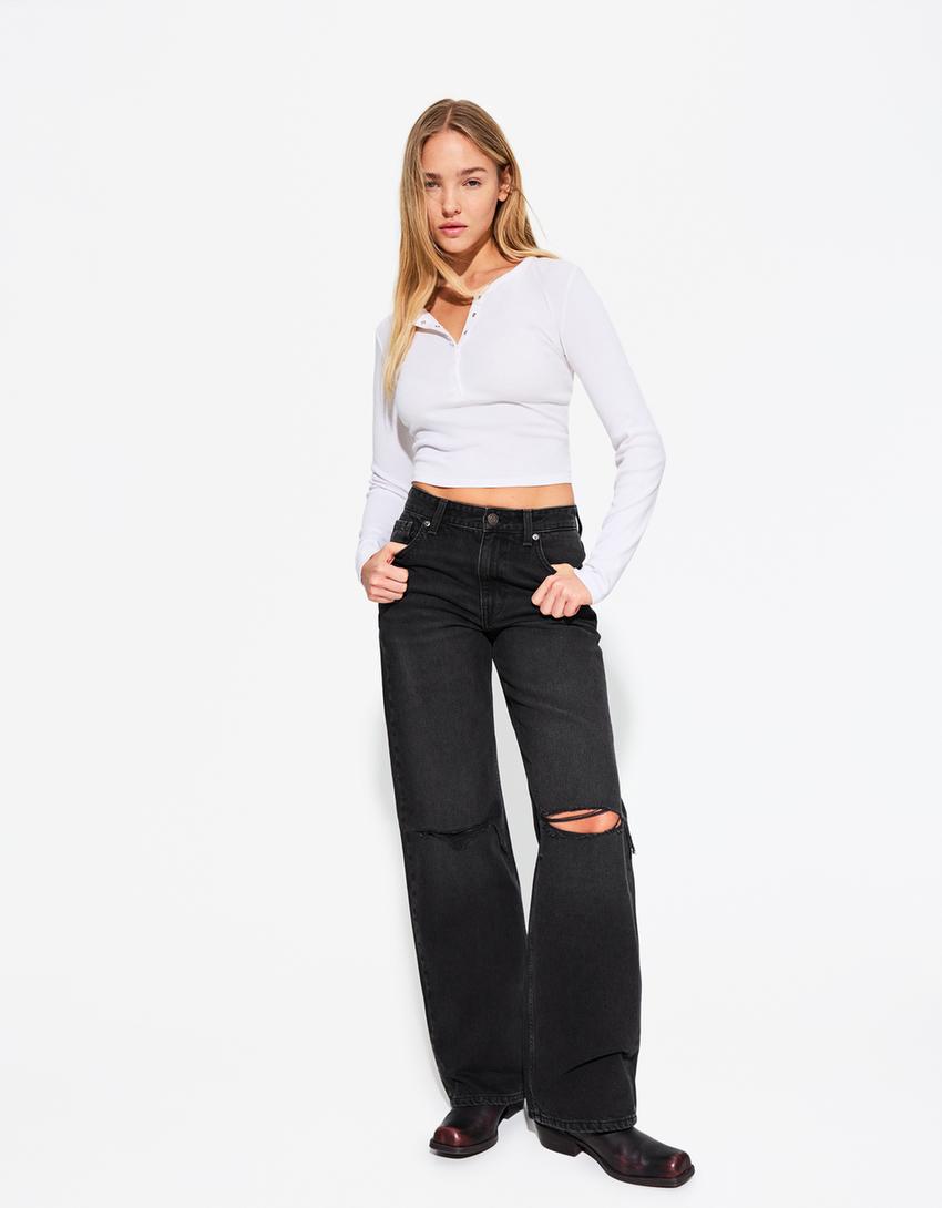 

Рваные широкие джинсы 90-х годов Bershka, черный