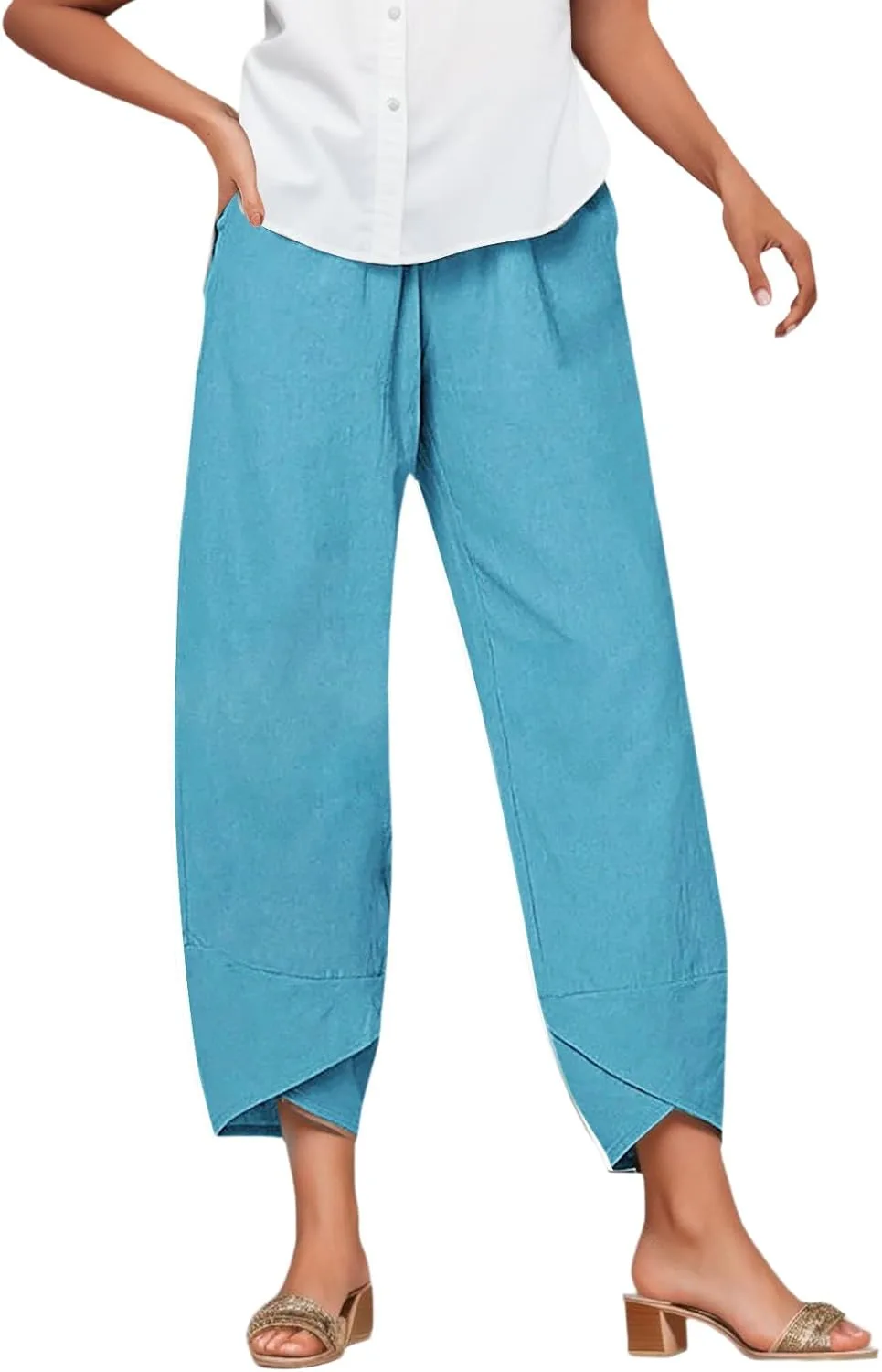 Хлопковые льняные капри с широкими штанинами для женщин, укороченные брюки с карманами и поясом на шнурке Generic, синий