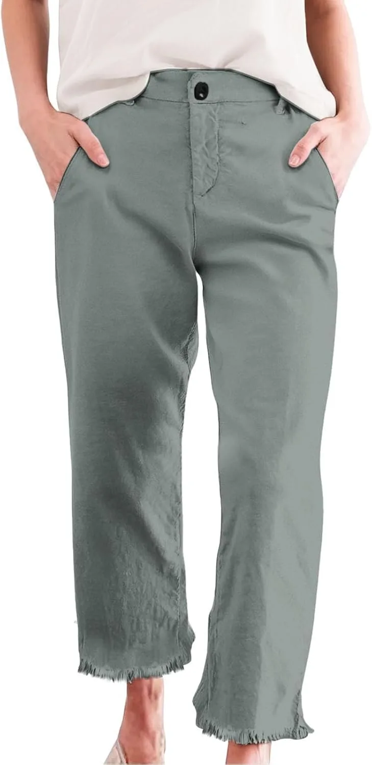 Укороченные льняные брюки женские Plus Size Chino с плоской передней частью, эластичные, удобные рабочие капри для офиса, деловые брюки Generic, зеленый — фото 2