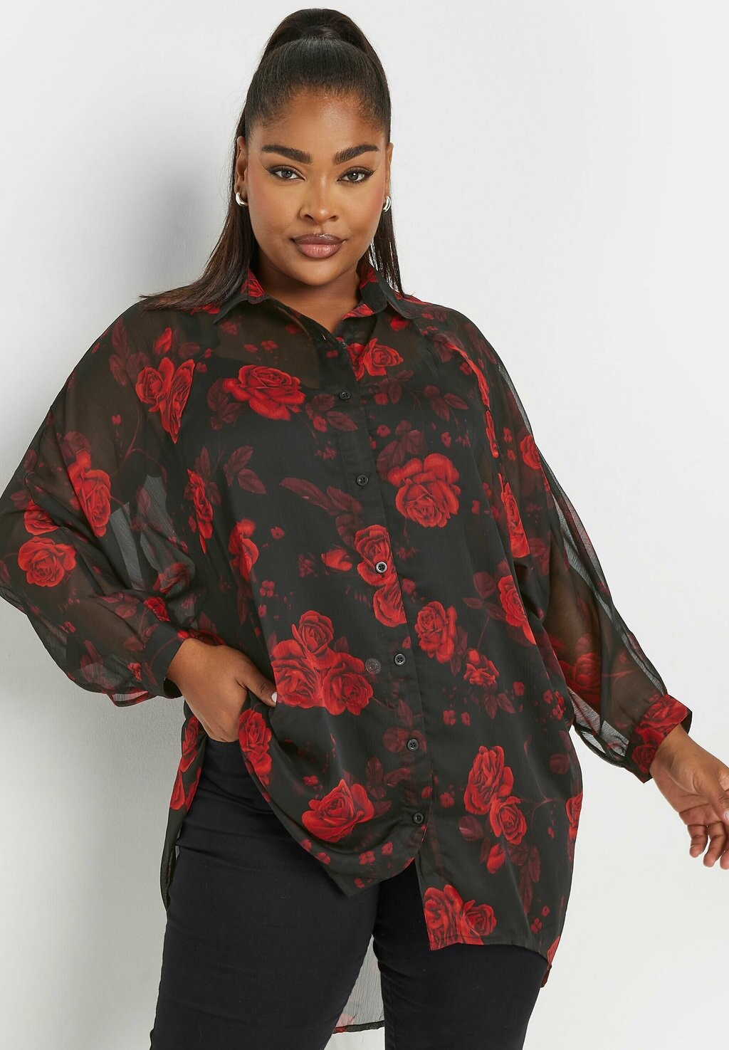 

Блузка на пуговицах FLORAL PRINT DIPPED HEM Yours Clothing, черный