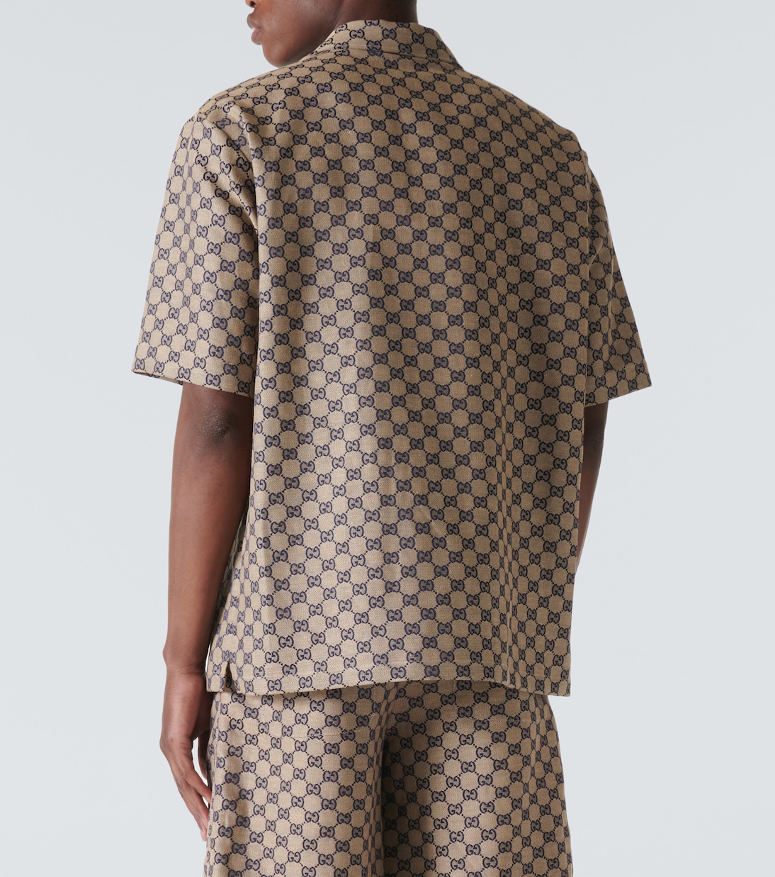 Рубашка Gucci GG Canvas из смесового льна, с кубинским воротником, Oatmilk/Blue — фото 4