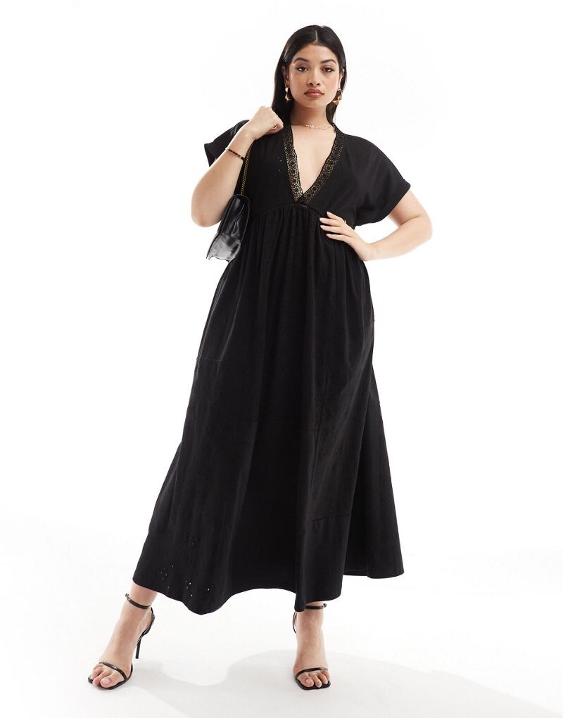 

Черное платье миди из английской бродери с короткими рукавами ASOS Curve