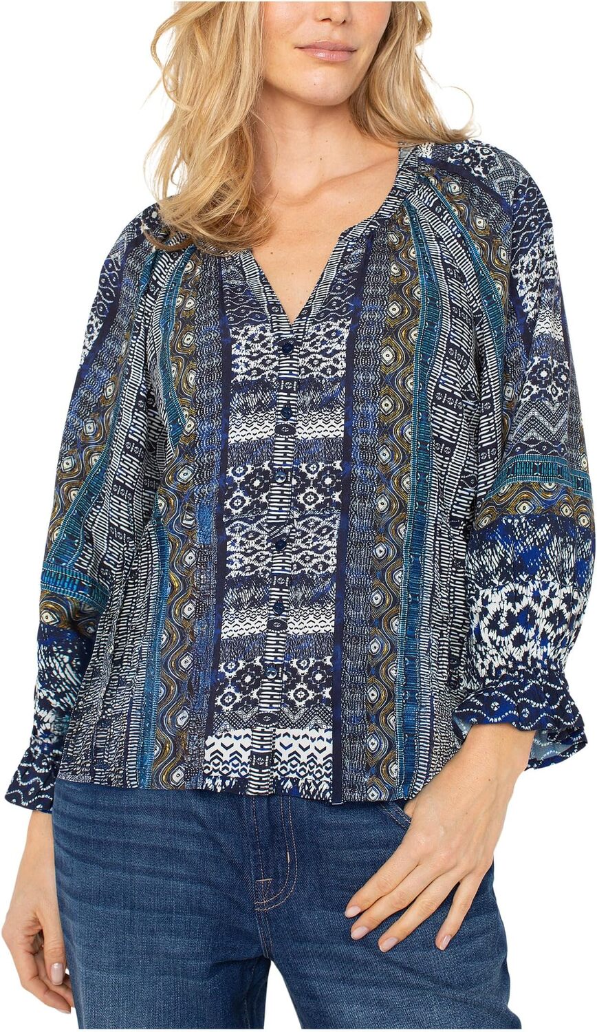 

Блуза Liverpool Los Angeles Petite 3/4 Sleeve Button Front Woven Blouse, Blue Shibori Multi