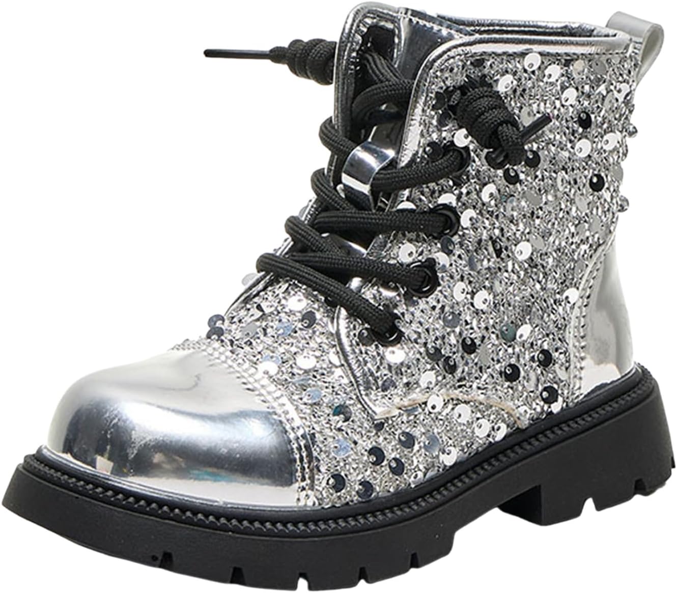 

Детские ботильоны для девочек с боковой молнией, модные водонепроницаемые, из искусственной кожи PU, боевые ботинки с рифленой подошвой, блестящие на низком каблуке, удобные туфли с блестками для наряда, 4-12 лет Generic, Silver