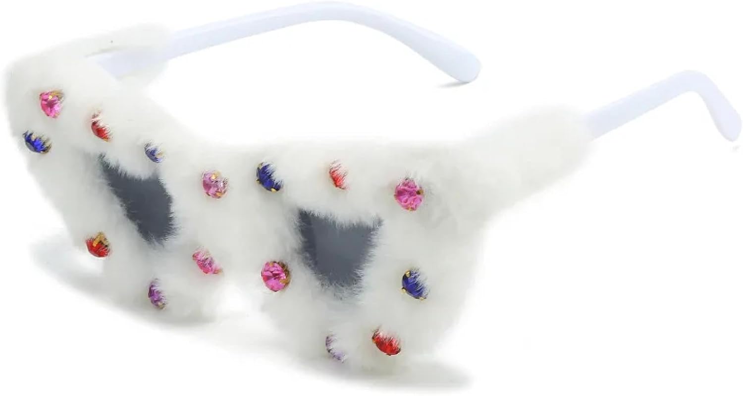 

Ретро-солнцезащитные очки в форме сердца из мягкого плюша для женщин, модные трендовые очки «кошачий глаз» для мужчин, защита от УФ-излучения UV400 HHZZYVY, White With Ctystal