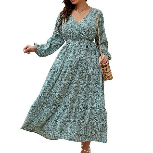 

Женское платье макси с длинным рукавом и V-образным вырезом, цветочный принт, рюши на талии, свободный крой, размер plus size Yesfashion, Green Leopard