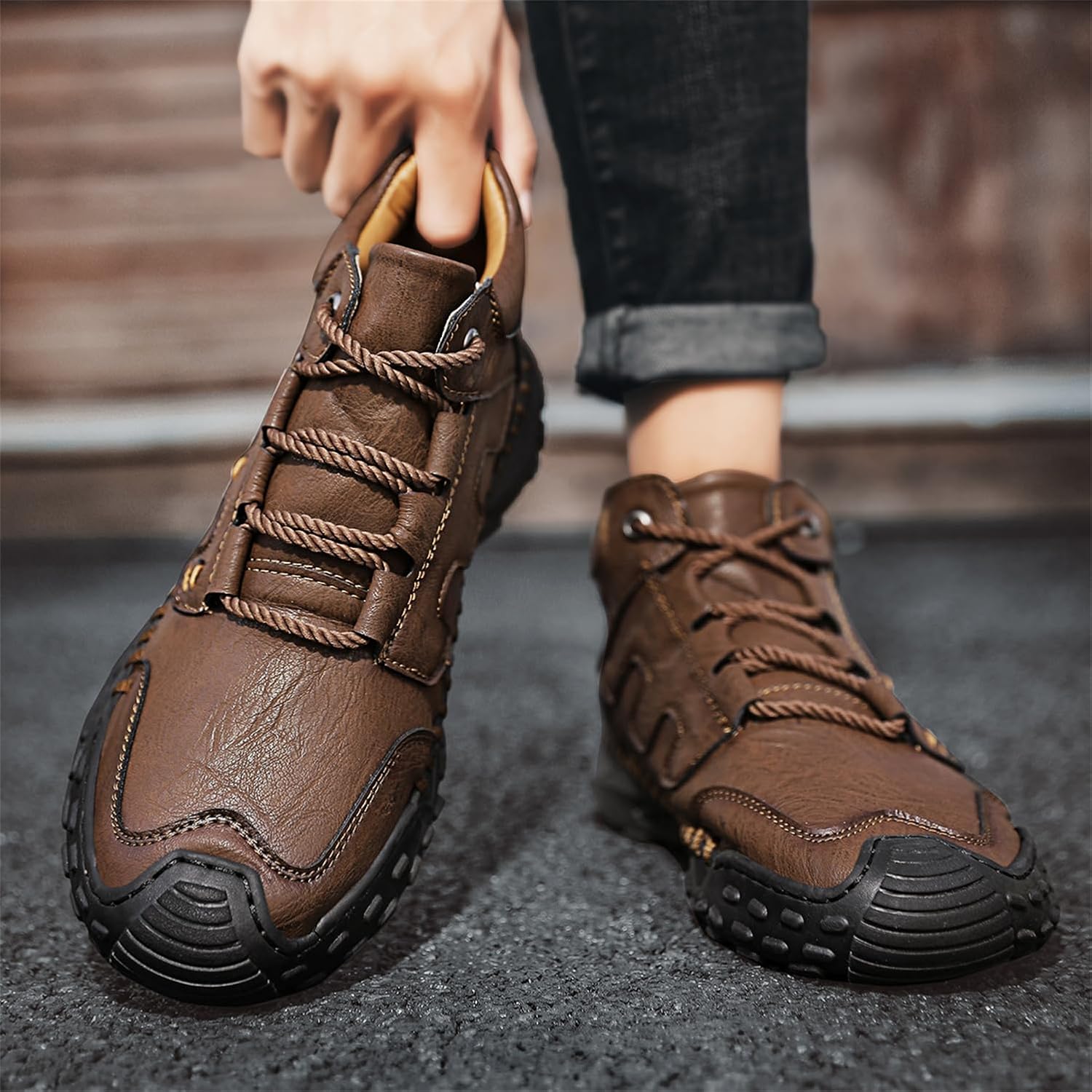 Мужские полуботинки LLTMALL Chukka среднего верха с ручной прошивкой из кожи для походов и треккинга, темно-коричневый — фото 3