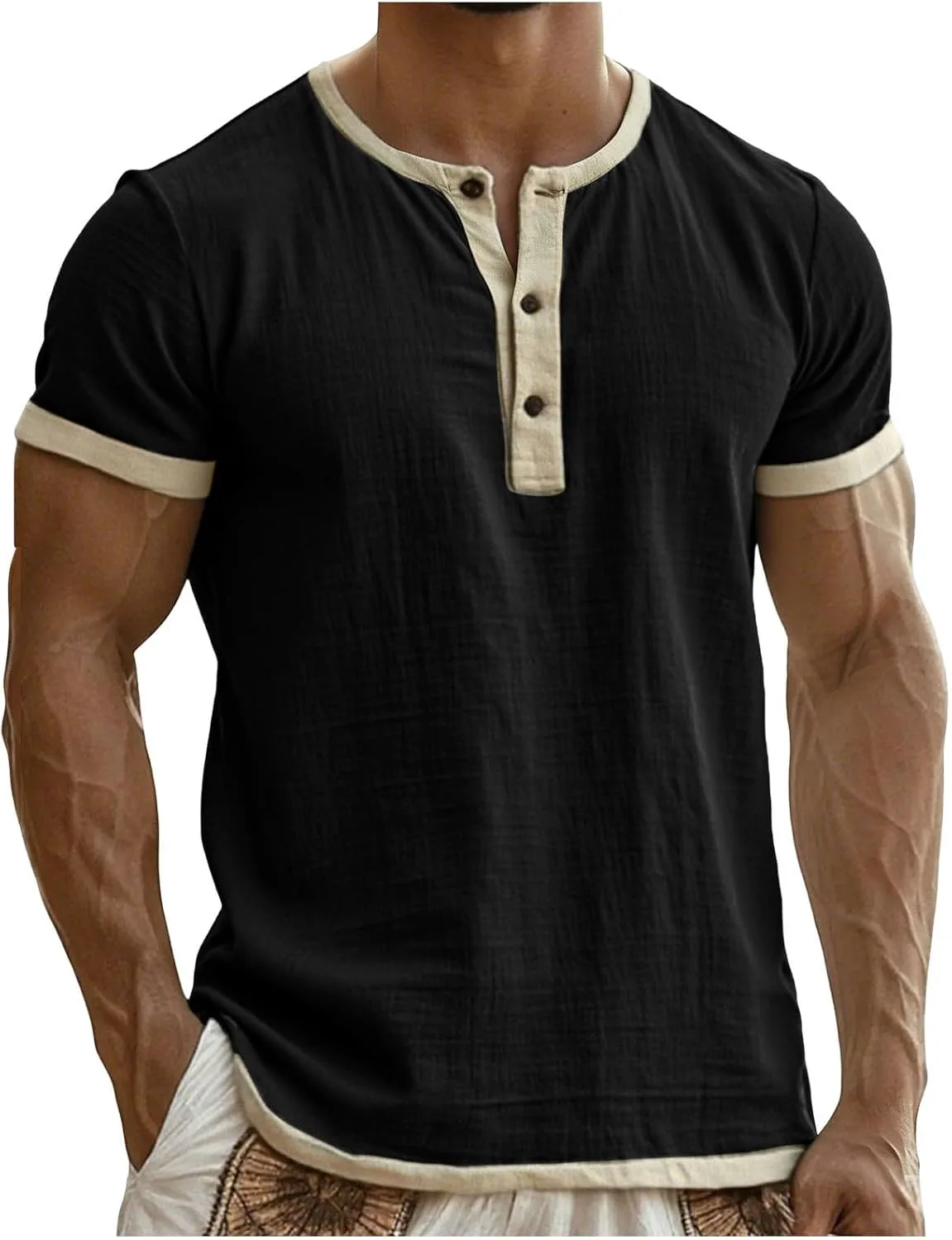 

Хлопковая льняная рубашка для мужчин, летняя с коротким рукавом, Casual, свободный крой, Color Block
